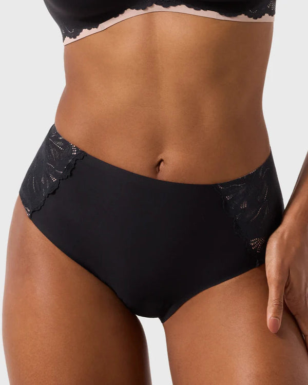 Evelyn & Bobbie High Waisted Retro Bikini in Black Lace on white background