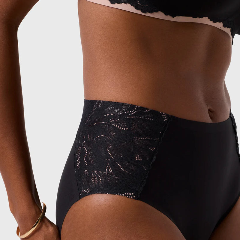 Evelyn & Bobbie High Waisted Retro Bikini in Black Lace on white background well heeled boutique stowe vt