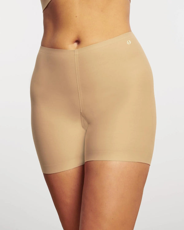 Evelyn & Bobbie Longline Girlshort/Slip Short in Sand Beige shapewear shorts worn by a model on white background