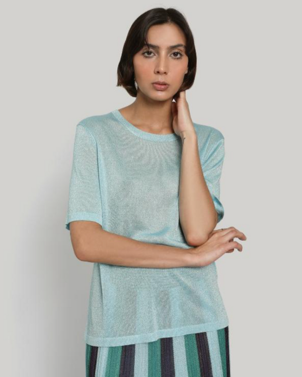 Metallic Short Sleeve Round Neck | Aqua