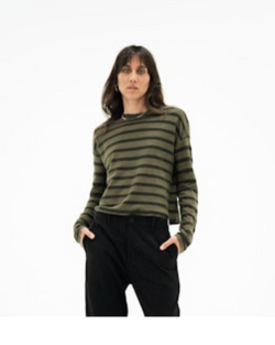 Cropped LS Tee Stripe | SAFARI GREEN/BLACK