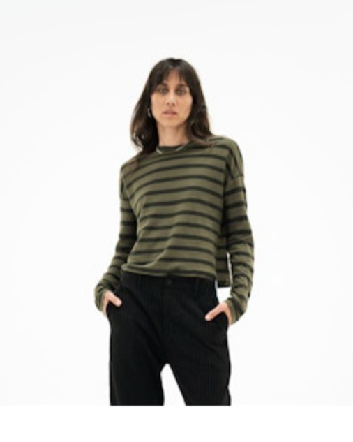 Cropped LS Tee Stripe | SAFARI GREEN/BLACK
