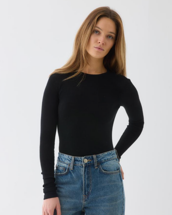 Merino Silk Micro Rib L/S Crewneck | Noir