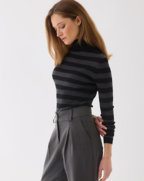 Merino Superfine Rib Knit L/S Turtleneck | Noir/Anthracite Chine