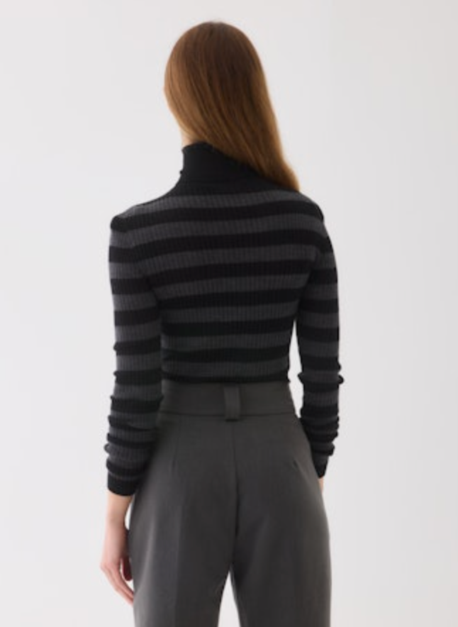 Merino Superfine Rib Knit L/S Turtleneck | Noir/Anthracite Chine
