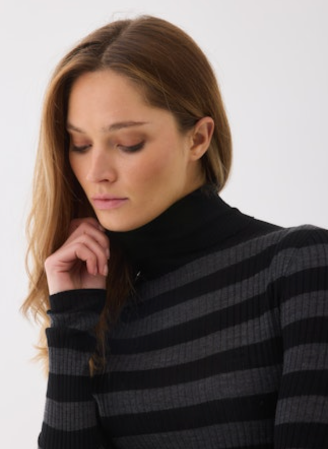 Merino Superfine Rib Knit L/S Turtleneck | Noir/Anthracite Chine