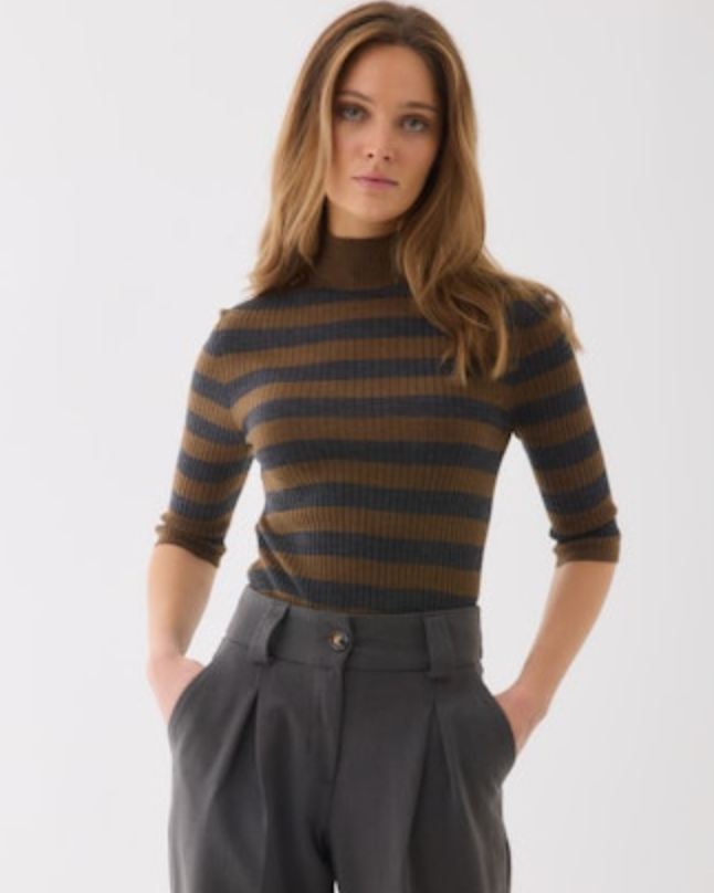 Merino Superfine Rib Knit Stripe Elbow Sleeve Turtleneck | Camel/Anthracite Chine