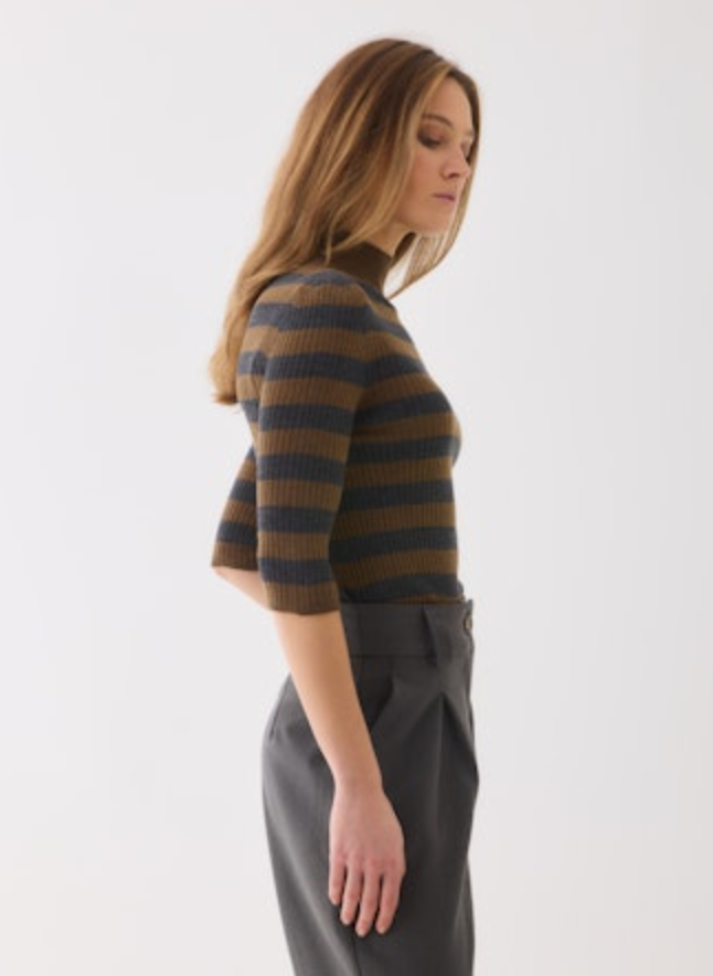 Merino Superfine Rib Knit Stripe Elbow Sleeve Turtleneck | Camel/Anthracite Chine