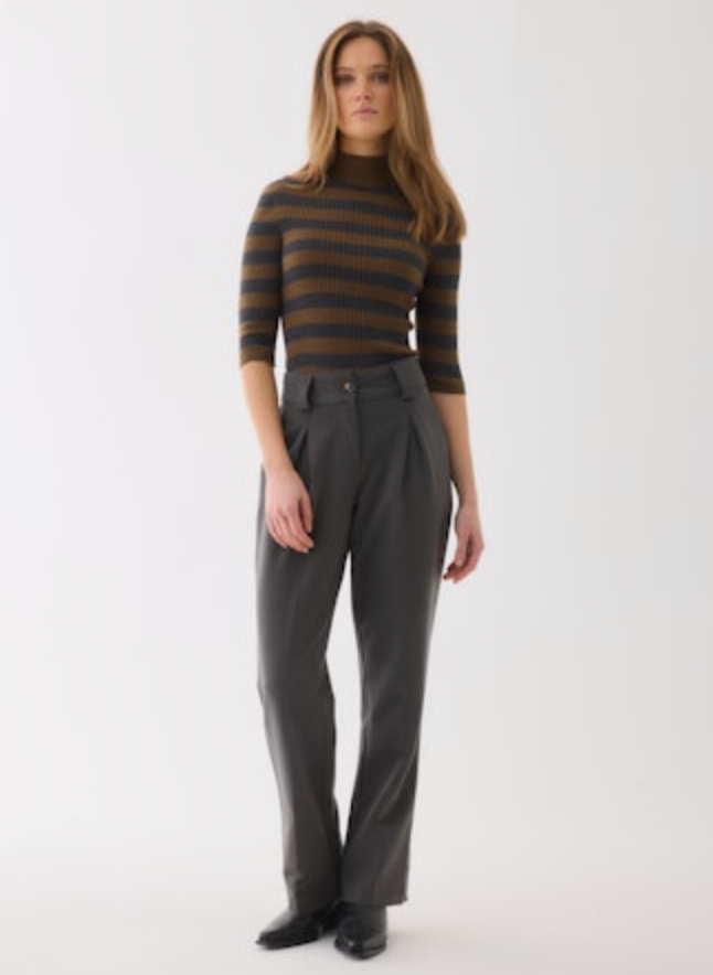 Merino Superfine Rib Knit Stripe Elbow Sleeve Turtleneck | Camel/Anthracite Chine