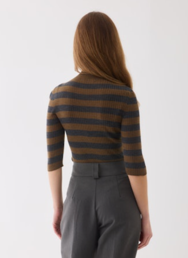 Merino Superfine Rib Knit Stripe Elbow Sleeve Turtleneck | Camel/Anthracite Chine