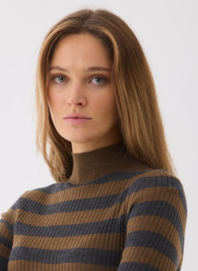Merino Superfine Rib Knit Stripe Elbow Sleeve Turtleneck | Camel/Anthracite Chine