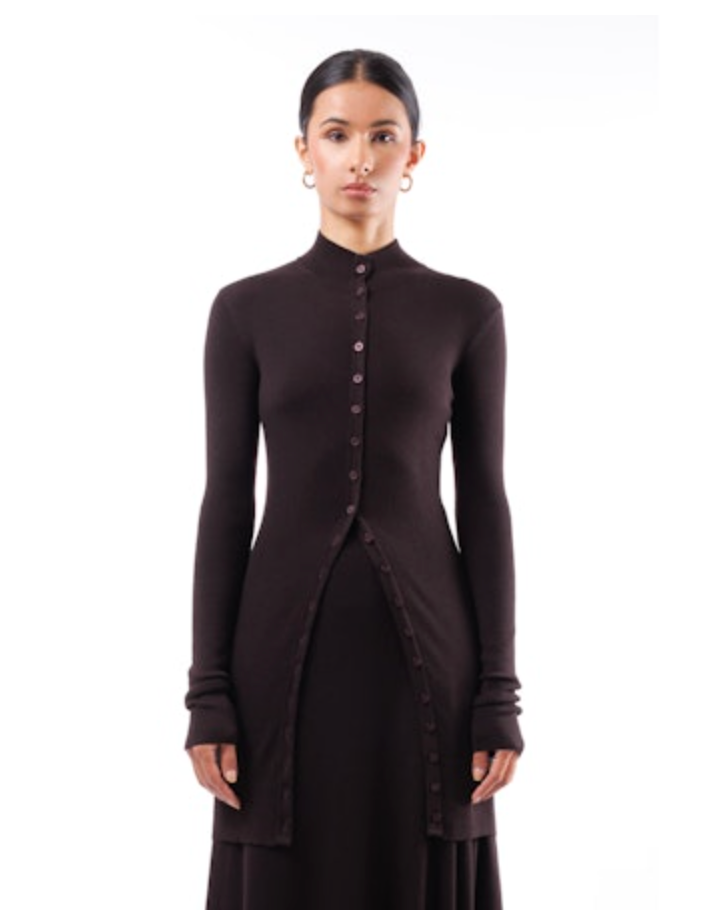 Long Fitted Mock Turtle Cardigan | Espresso