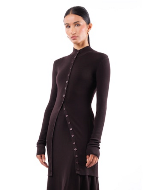 Long Fitted Mock Turtle Cardigan | Espresso
