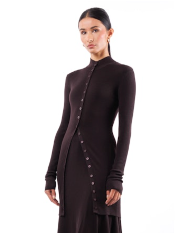 Long Fitted Mock Turtle Cardigan | Espresso