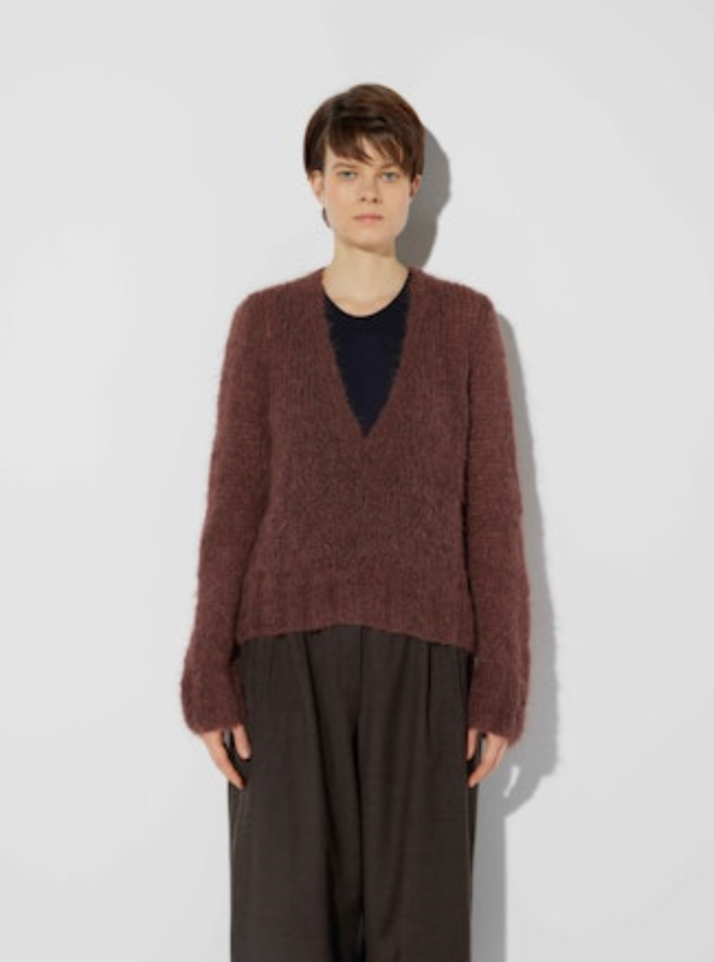 Shaggy Alpaca V-Neck Pullover | Marron