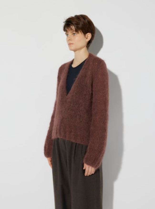 Shaggy Alpaca V-Neck Pullover | Marron