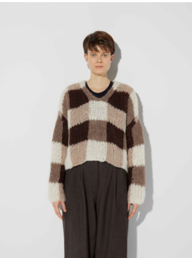 Fleecy Alpaca Checkered V-Neck Pullover | Brown/White