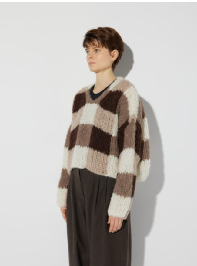 Fleecy Alpaca Checkered V-Neck Pullover | Brown/White