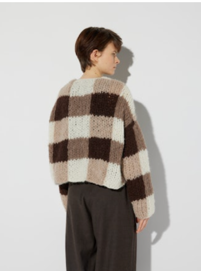 Fleecy Alpaca Checkered V-Neck Pullover | Brown/White