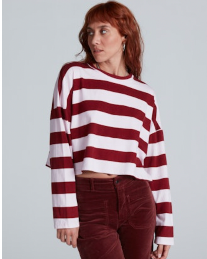 woman wearing Askk NY Crop Long Sleeve Black Cherry Stripe at well heeled boutique in stowe vt