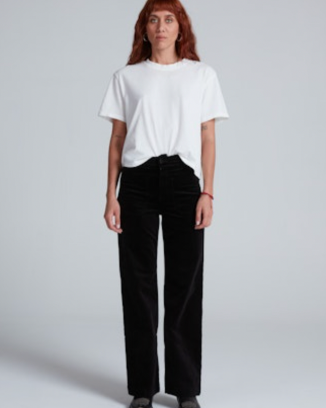 woman wearing Askk NY Sailor Pant in Black Velvet