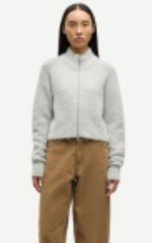 woman wearing SAMSØE SAMSØE Sajeanne Cardigan in Light Grey Mel on white background