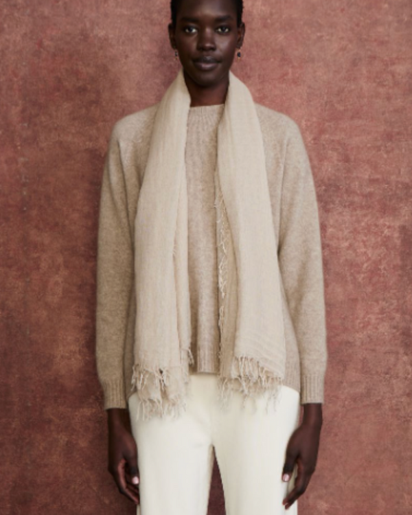 woman wearing Chan Luu Cashmere & Silk Scarf Agate Gray on white background well heeled stowe vt
