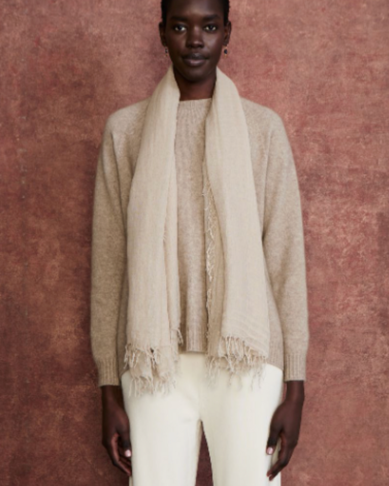 woman wearing Chan Luu Cashmere & Silk Scarf Agate Gray on white background well heeled stowe vt