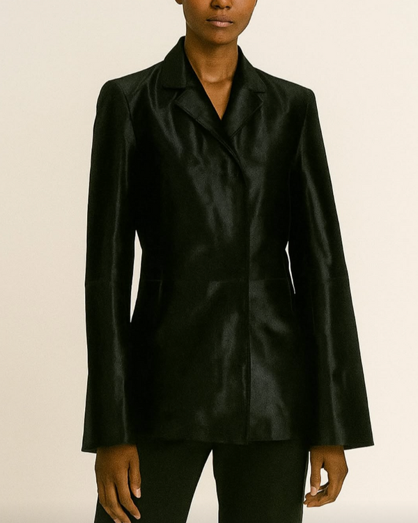 woman wearing Grenn Pilot Cruz Blazer Black Cowhair on white background well heeled stowe vermont