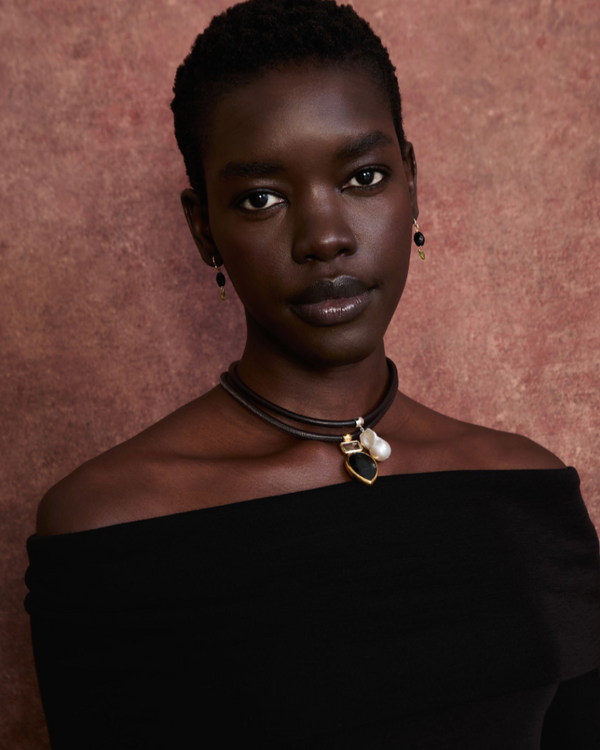 woman wearing Chan Luu Hypersthene & Green Amethyst on Leather Necklace on white background well heeled