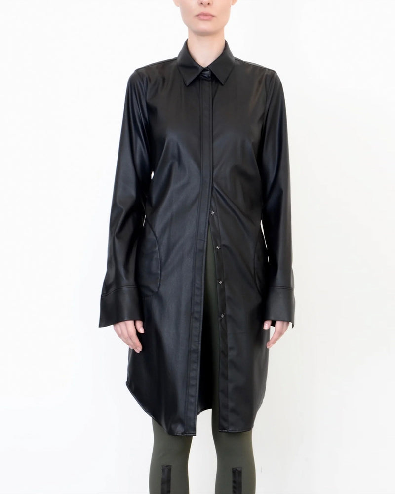Valma Vegan Leather Midi Dress and open Duster | Black Well Heeled Valma Vegan Leather Midi Dress and open Duster | Black Well Heeled