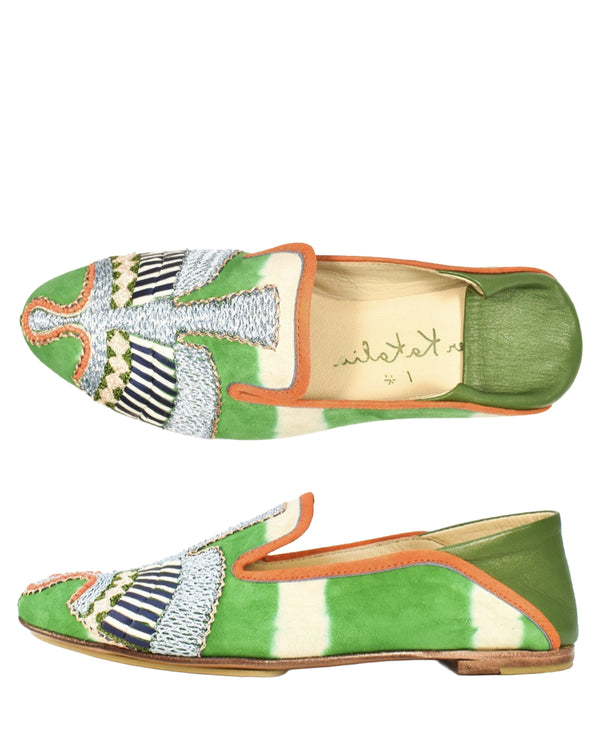 Meher Kakalia Anzu Moccasin in Kelly green Ivory at well heeled boutique in stowe vt