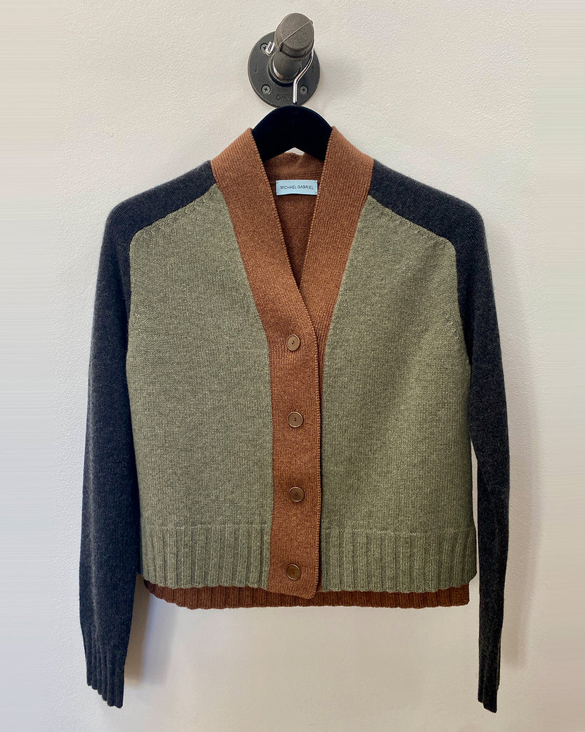 Dropped Shoulder Color Block Cardigan Army Cognac Well Heeled