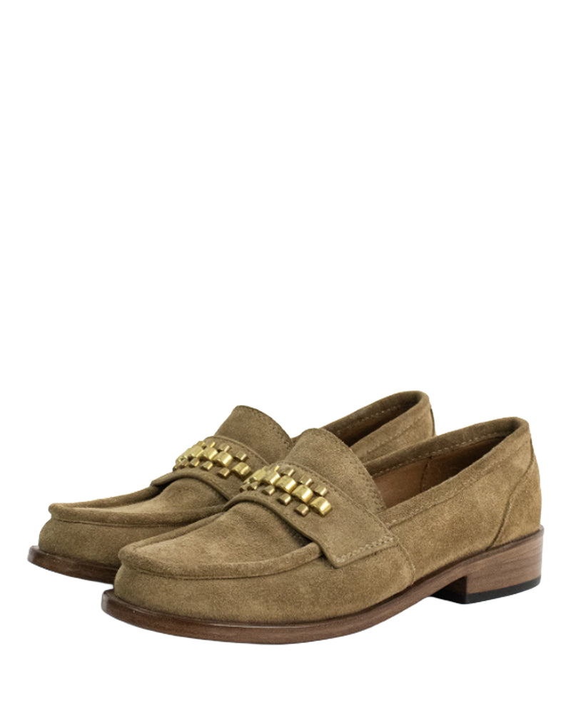 pair of Calleen Cordero Jackson Rolex Loafer shoes in brown Biscuit Suede with Brass studded detail