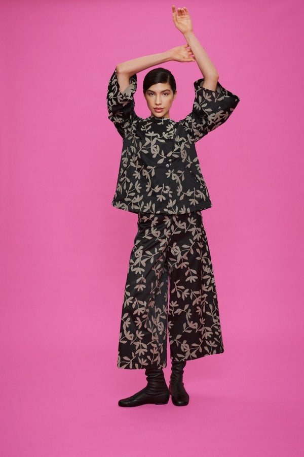 Jacquard Pant Print | Black Leaf
