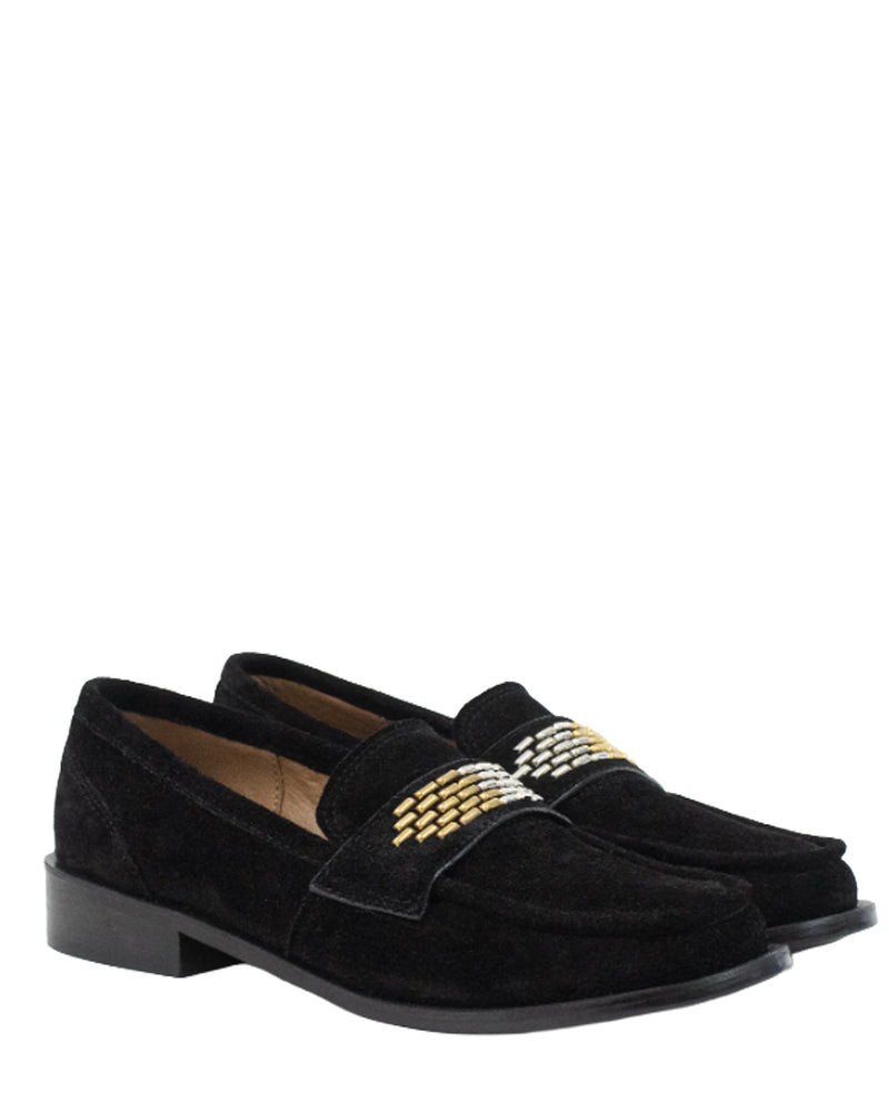 pair of Calleen Cordero Jackson Rolex Loafer shoes in Black Suede with Brass & Nickel details at well heeled boutique stowe vt