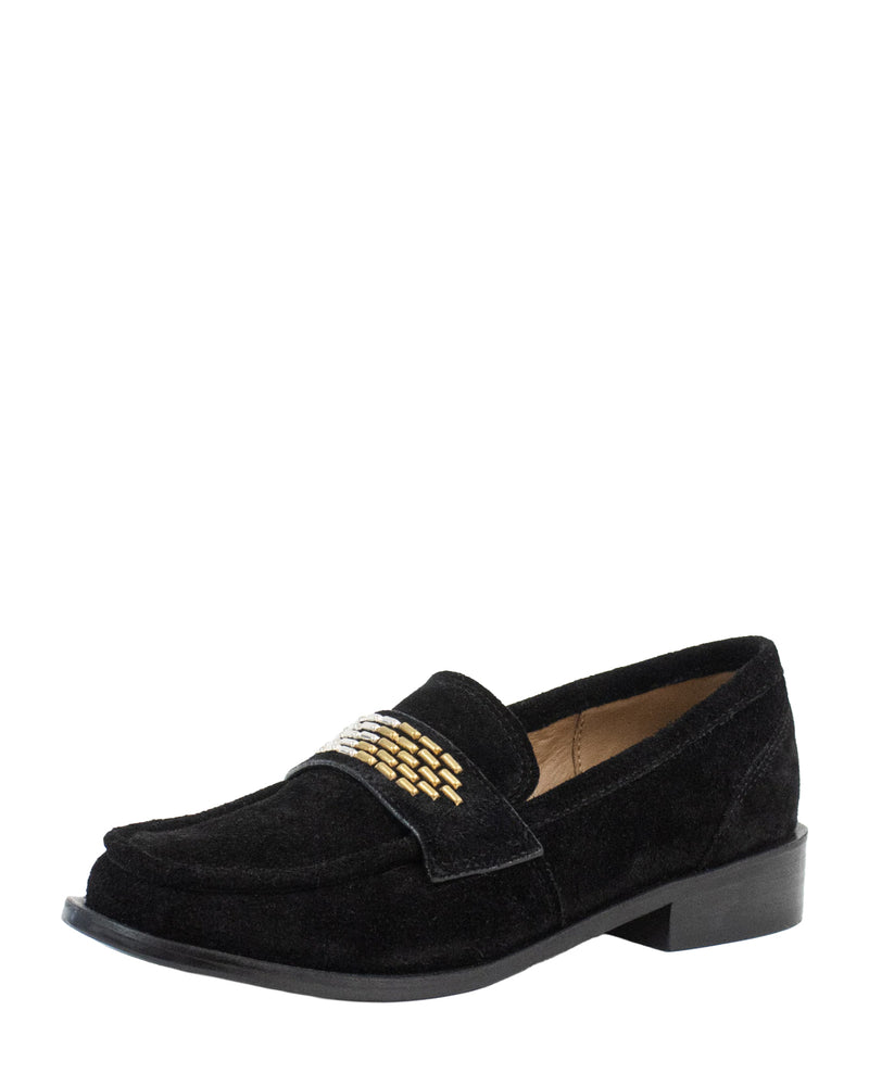 Calleen Cordero Jackson Rolex Loafer shoe in Black Suede with Brass & Nickel details at well heeled boutique stowe vt