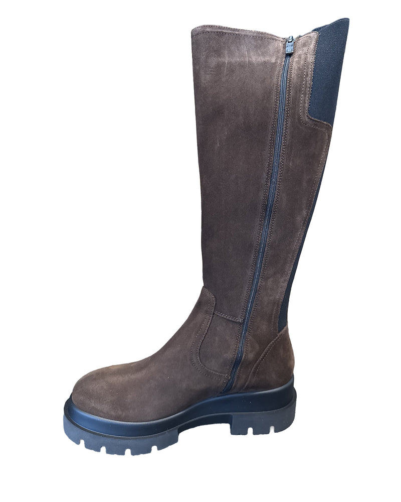 La Canadienne Boden Tall Boot in Brunette Suede on white background well heeled boutique stowe vt