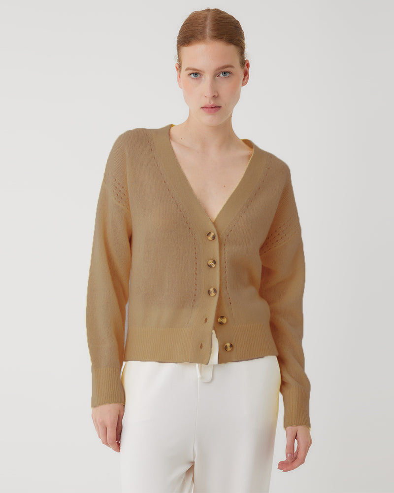Silk Cashmere V Neck Cardigan | Cappuchino