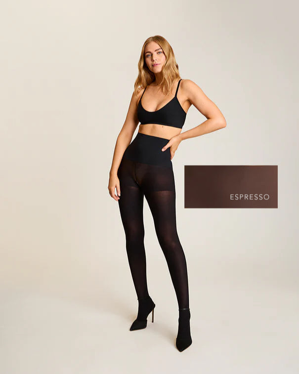 Woman wearing Commando The Ultimate Opaque Matte Tights Espresso on a white background