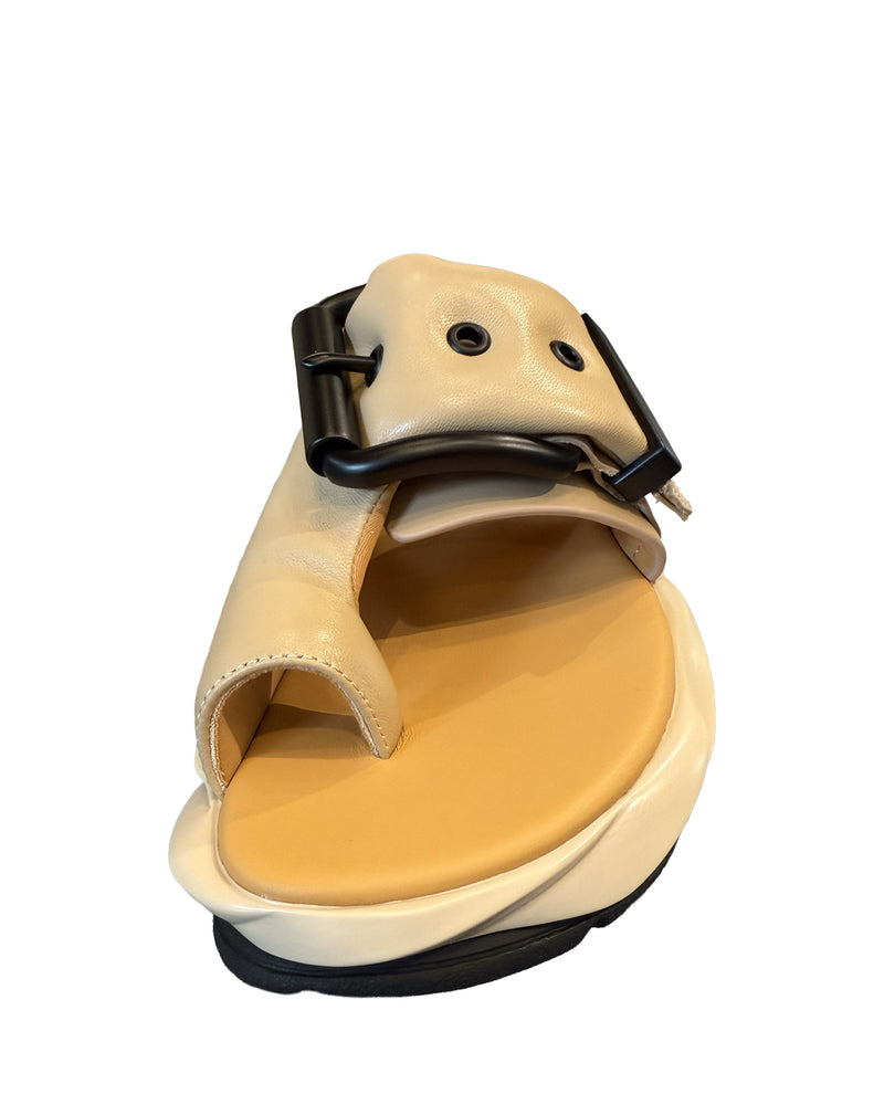 4CCCCEES Mellow Glow in Skin slip on sandal with button detail on white background well heeled vt