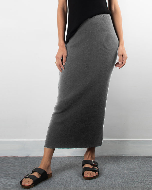 Knit Ribbed Long Skirt | Grey
