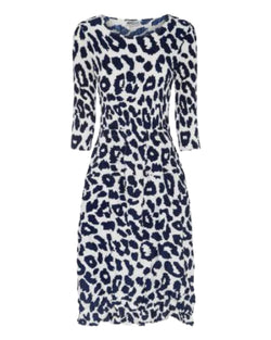 Alquema 3/4 Smash Pocket Dress with blue leopard print on a white background shop at well heeled stowe vermont