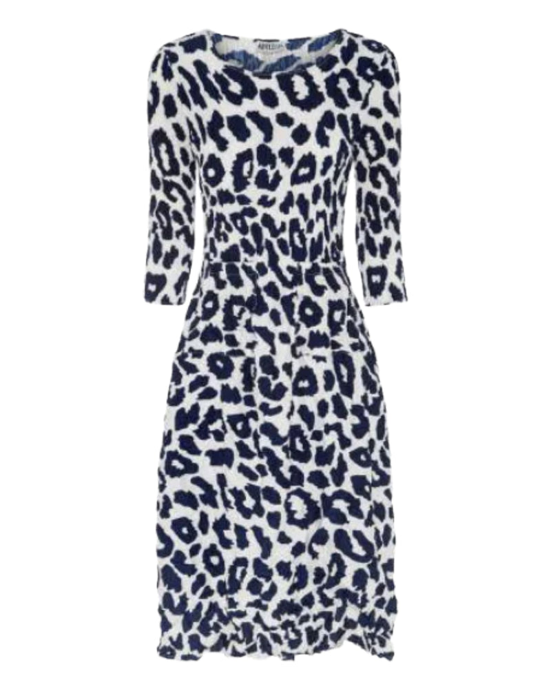 Alquema 3/4 Smash Pocket Dress with blue leopard print on a white background shop at well heeled stowe vermont