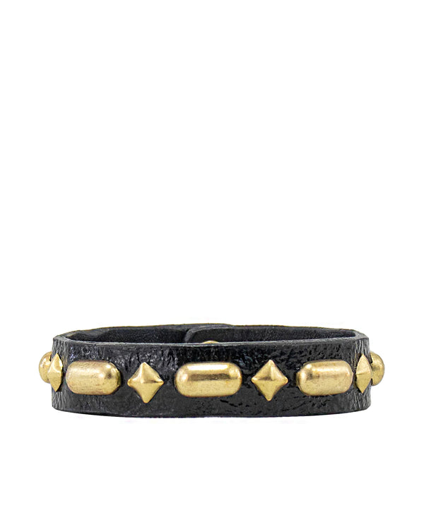 Juno .5" Leather Studded Bracelet | Black & Brass