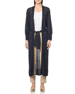 Majestic Filatures Linen Knit 3/4 Cardi with Tie Marine shop at well heeled