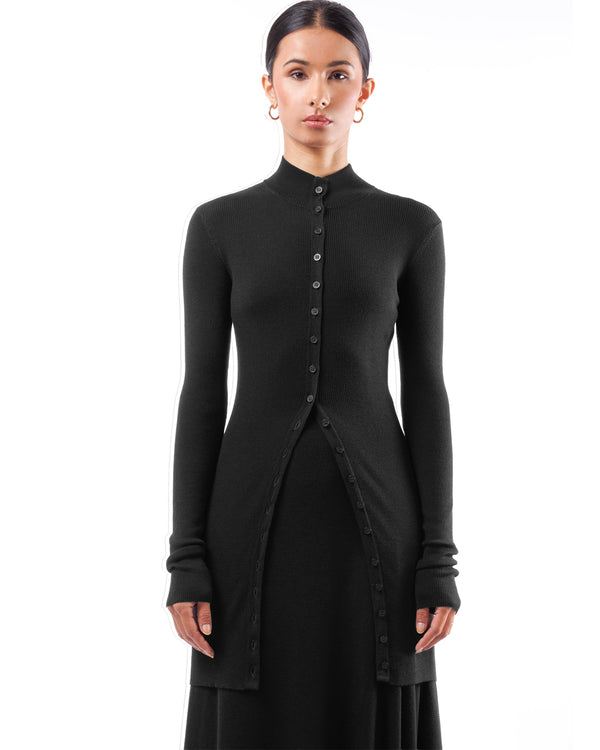 Long Fitted Mock Turtle Cardigan | Black
