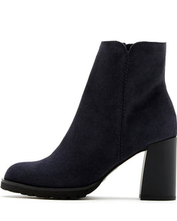 La Canadienne Maggie Bootie in Black Suede on white background well heeled vt