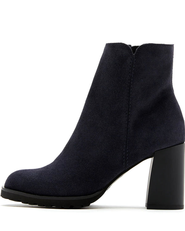 La Canadienne Maggie Bootie in Black Suede on white background well heeled vt