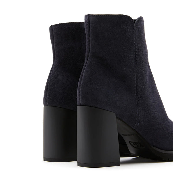 La Canadienne Maggie Bootie in Black Suede on white background well heeled boutique vt